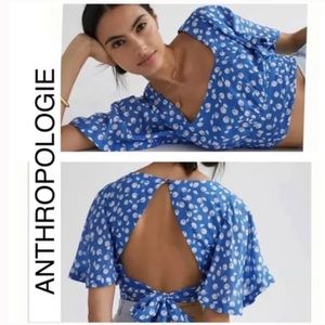 Anthropologie Maeve Open Back Blouse, Blue W/White Apple Print Size M!